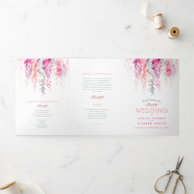 Programme Trois Volets corail mariage rouge oranger vert fleur art (Extérieur)