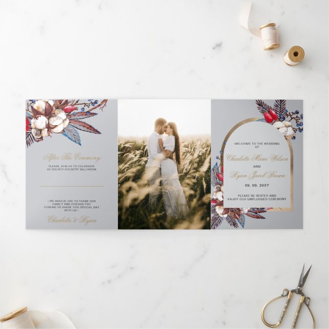 Programme Trois Volets Coton d'hiver Dusty Blue Red Berries Mariage (Extérieur)