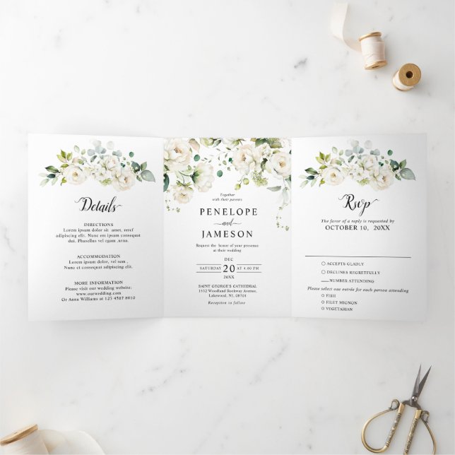 Programme Trois Volets Crème d'ivoire blanc Rose Floral Botanique Mariage (Intérieur)