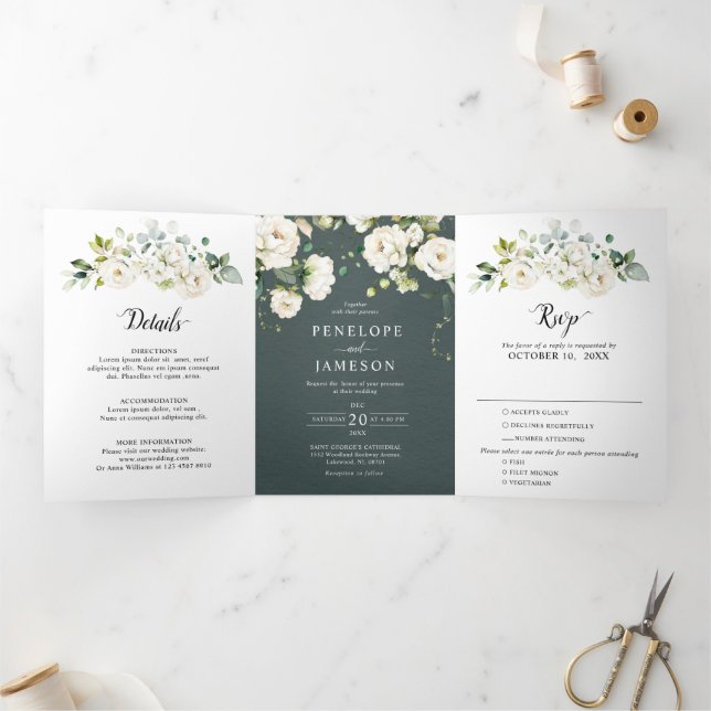 Programme Trois Volets Crème d'ivoire blanc Rose Floral Botanique Mariage (Intérieur)