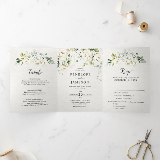 Programme Trois Volets Crème d'ivoire blanc Rose Floral Botanique Mariage (Intérieur)