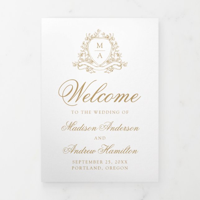 Programme Trois Volets Élégant blason floral doré pour mariage avec monog (Page de couverture)