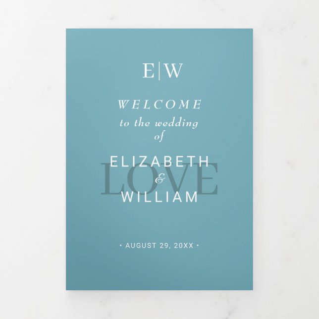 Programme Trois Volets Élégant bleu rétro simple avec Mariage Monogram (Page de couverture)