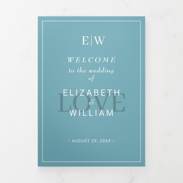 Programme Trois Volets Élégant bleu rétro simple avec Mariage Monogram (Page de couverture)