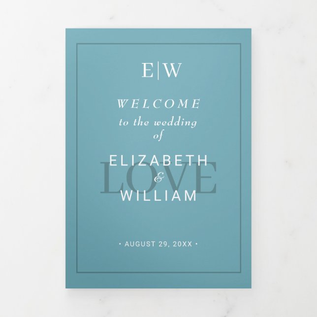 Programme Trois Volets Élégant bleu rétro simple avec Mariage Monogram (Page de couverture)