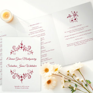 Programme Trois Volets Élégant Vintage Romance Bourgogne Floral Mariage