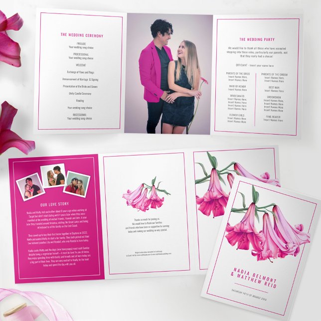 Programme Trois Volets Fleur de lys trompette rose aquarelle art mariage (Créateur téléchargé)