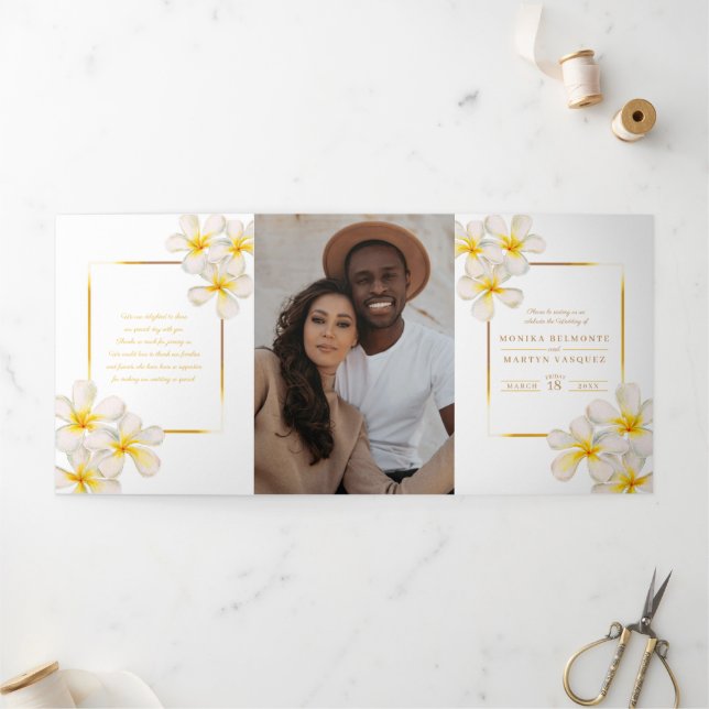 Programme Trois Volets Fleurs Frangipani or blanc mariage (Extérieur)