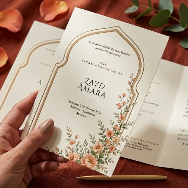 Programme Trois Volets Islamic Nikah Peach Floral Arch Wedding (Créateur téléchargé)