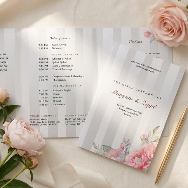 Programme Trois Volets Islamic Nikah Wedding | Blush Peony Grey Stripe (Créateur téléchargé)