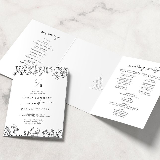 Programme Trois Volets Mariage Bohème Chic Fleur Sauvage Monogramme (Créateur téléchargé)