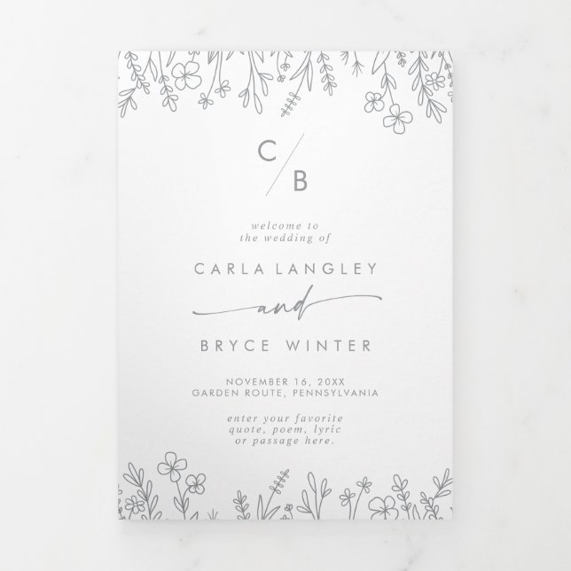 Programme Trois Volets Mariage Bohème Chic Fleur Sauvage Monogramme Gris (Page de couverture)