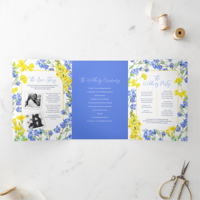 Programme Trois Volets mariage botanique bleu fleur sauvage jaune (Intérieur)