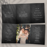 Programme Trois Volets Mariage Chalkboard<br><div class="desc">Ces beaux programmes sont parfaits pour tous ceux qui se marient cette année. Le design se compose d'un élégant libellé blanc sur un arrière - plan de style tableau noir, très tendance mais avec une atmosphère intemporelle. Le libellé modèle est facile à personnaliser et il y a aussi de l'espace...</div>