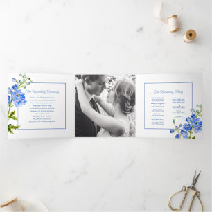 Programme Trois Volets Mariage d'aquarelle de fleurs de delphinium bleu