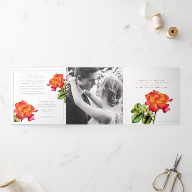 Programme Trois Volets Mariage d'aquarelle de rose de thé orange rayé (Extérieur)