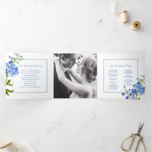 Programme Trois Volets mariage d'aquarelle des fleurs de delphinium bleu