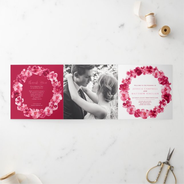 Programme Trois Volets Mariage d'aquarelle rouge rose pâle (Extérieur)