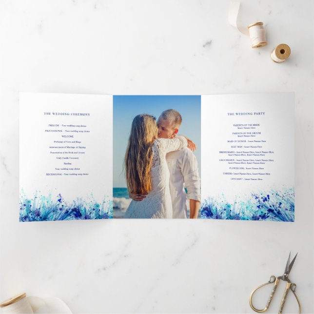 Programme Trois Volets Mariage de couronne d'aquarelle bleu (Intérieur)