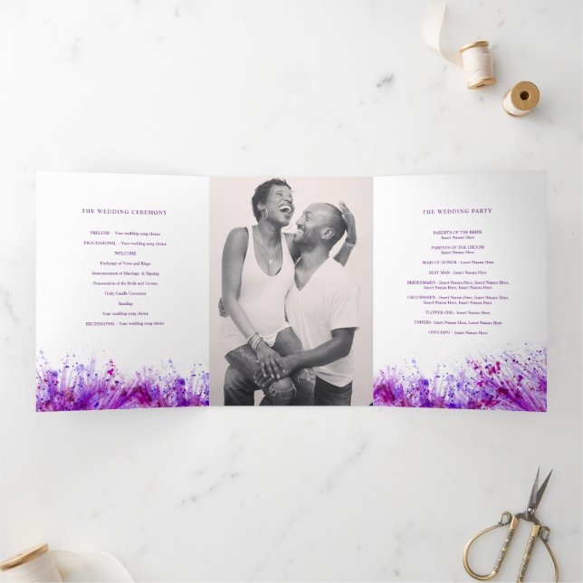 Programme Trois Volets Mariage de couronne d'aquarelle violet (Intérieur)