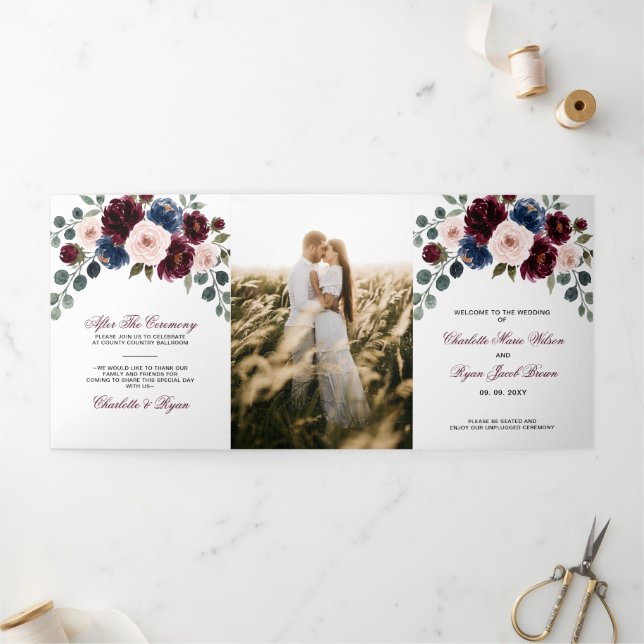 Programme Trois Volets Mariage Floral Burgundy Blush Navy Verdure (Extérieur)