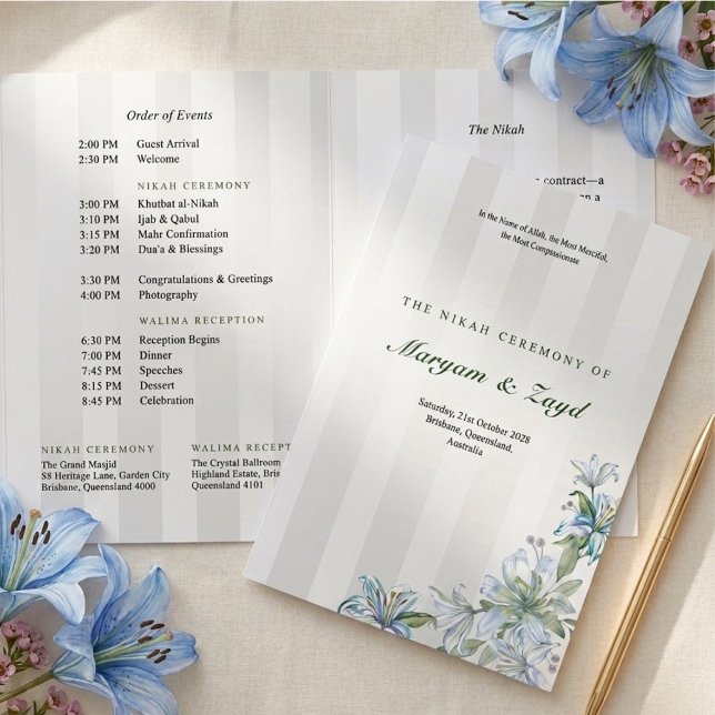 Programme Trois Volets Mariage islamique Nikah bleu lily gris rayure (Créateur téléchargé)