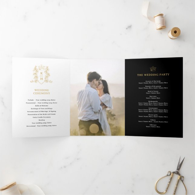 Programme Trois Volets Mariage monogramme de couronne photo en or blanc n (Intérieur)