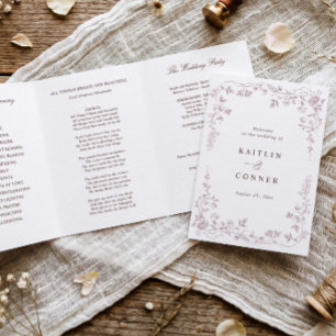 Programme Trois Volets Mariage Vintage Fleuriste Français Rose Poussiéreu