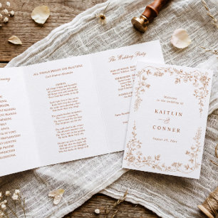 Programme Trois Volets Mariage Vintage Floral Français Terracotta Orange