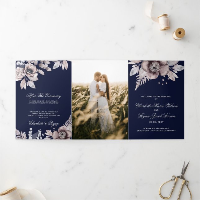 Programme Trois Volets Marine Mauve Rustic Floral Mariage photo (Extérieur)