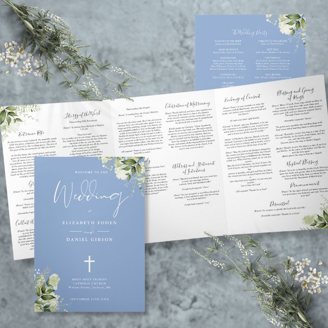 Programme Trois Volets Messe de mariage catholique florale verte bleue (Greenery Floral Blue Catholic Wedding Mass Tri-Fold Program
)