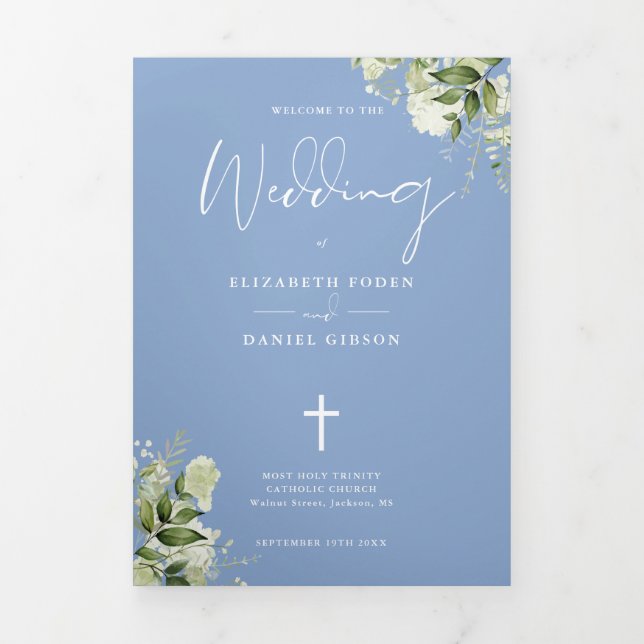 Programme Trois Volets Messe de mariage catholique florale verte bleue (Page de couverture)