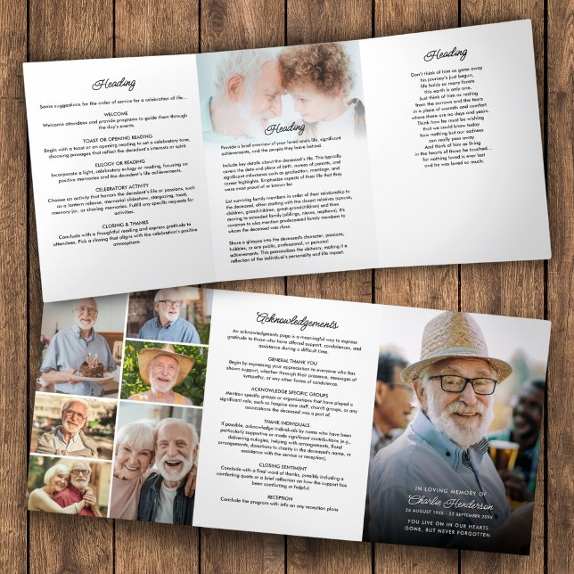 Programme Trois Volets Moderne Script 8-Photo Funérailles/Mémorial (Créateur téléchargé)