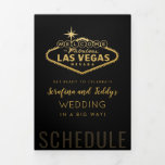 Programme Trois Volets Nevada Vegas Mariage invité Calendrier de bienvenu<br><div class="desc">Une lettre d'accueil, l'horaire de mariage, l'itinéraire du week-end et le dépliant d'informations de contact dépliant tout en un sur un carton robuste pour un Mariage de Las Vegas avec le magnifique signe Vegas dans un élégant effet faux or sur un arrière - plan noir avec des polices créatives et...</div>