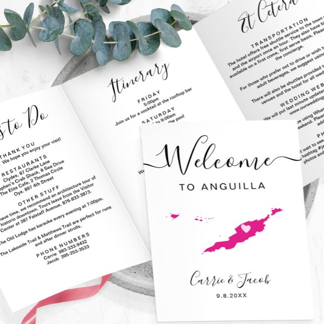 Programme Trois Volets N'importe quelle couleur Anguilla Mariage sac de b (Anguilla Wedding Welcome Bag Trifold Card & Itinerary)