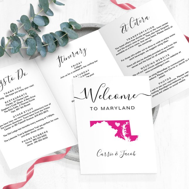 Programme Trois Volets N'importe quelle couleur Maryland Map Mariage accu (Maryland Wedding Welcome Letter and Itinerary)
