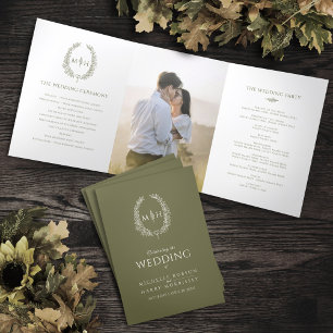 Programme Trois Volets Olive vert blanc ovale feuille monogramme mariage 