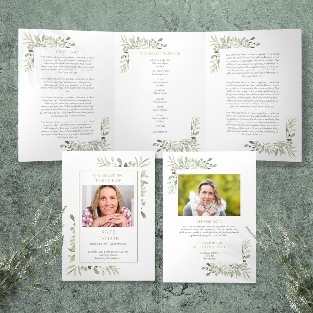 Programme Trois Volets Ordre de service de verdure funéraire mémorial (Order Of Service Greenery Funeral Memorial Tri-Fold Program)
