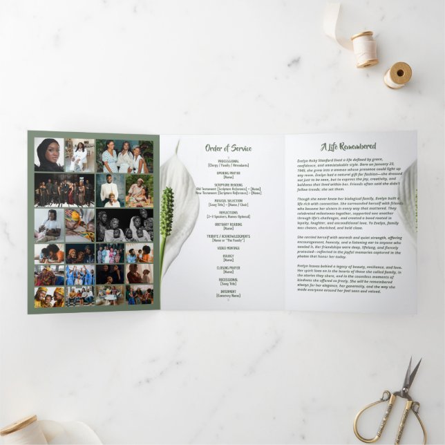 Programme Trois Volets Peace Lily Photo Collage Tri‑Fold Funeral Template (Intérieur)