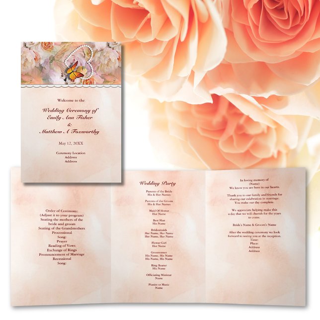 Programme Trois Volets Pearl Heart Floral Orange Floral Mariage papillon (Pearl Heart Floral Orange Floral Butterfly Wedding Tri-Fold Program)