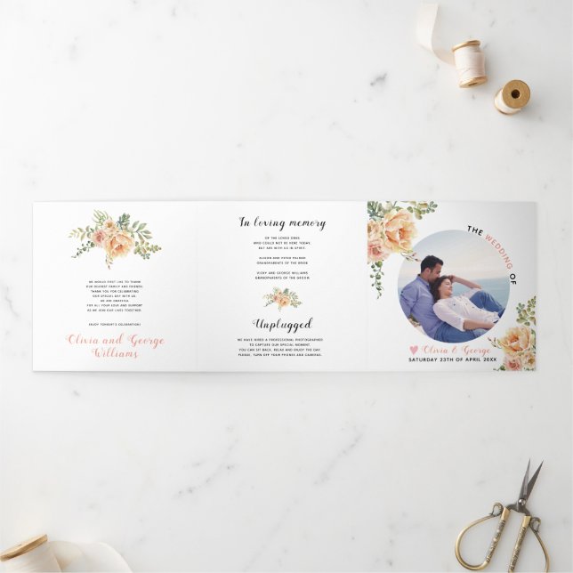 Programme Trois Volets Pêche fleurs d'aquarelle, feuilles verts, photo (Extérieur)