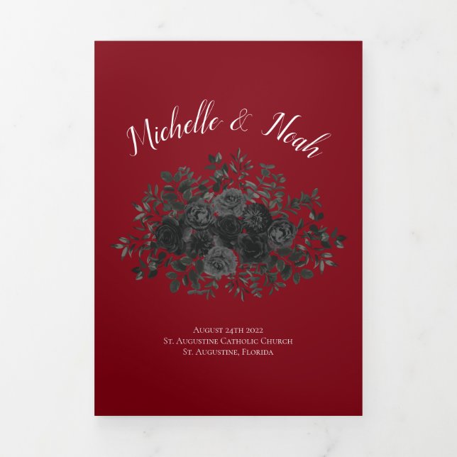 Programme Trois Volets Rouge noir élégant Rose Mariage gothique  (Page de couverture)