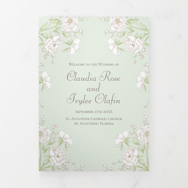 Programme Trois Volets Sage Green White Rose Wedding Programs (Page de couverture)