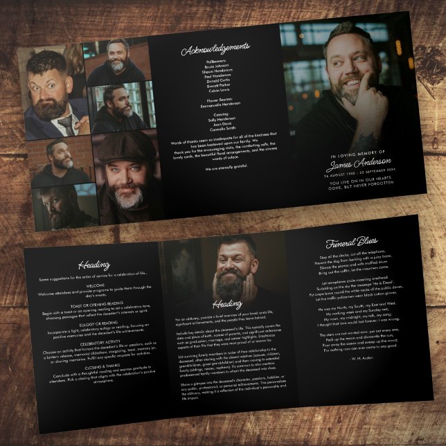 Programme Trois Volets Script Moderne 8-Photo Funérailles/Mémorial (Créateur téléchargé)