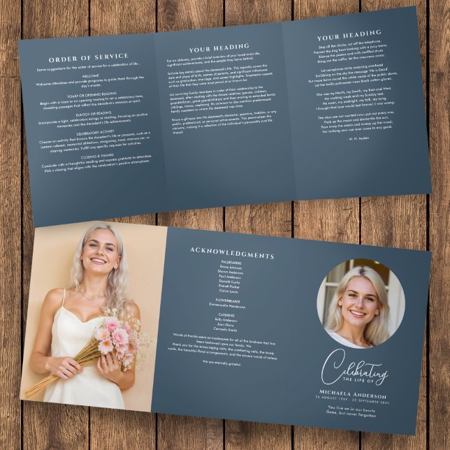 Programme Trois Volets Service funéraire/mémorial de script moderne bleu (Créateur téléchargé)