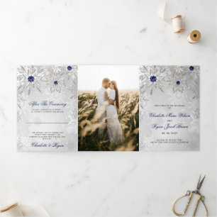 Programme Trois Volets Silver Navy Blue Snowflake Mariage hivernal