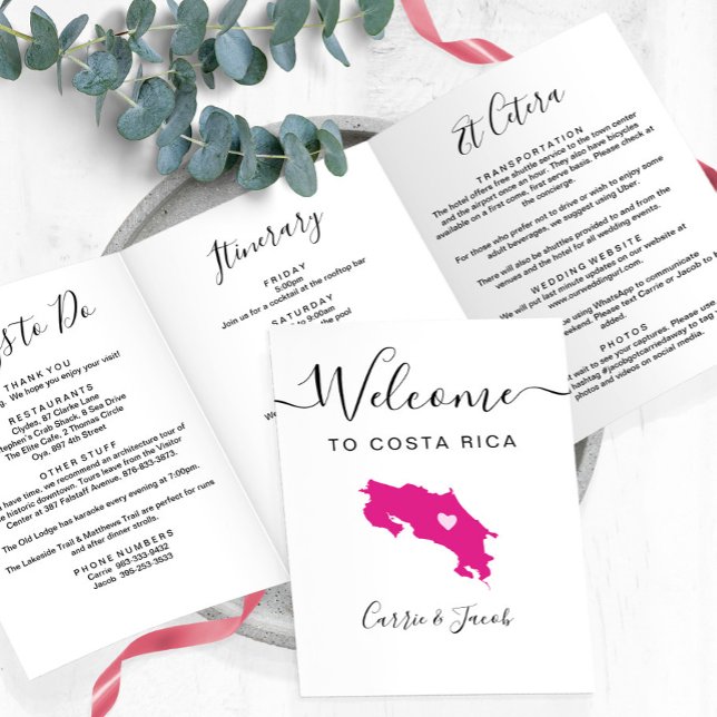 Programme Trois Volets Toute couleur Costa Rica Mariage Bienvenue Sac Iti (Costa Rica Wedding Welcome Letter & Weekend Itinerary)