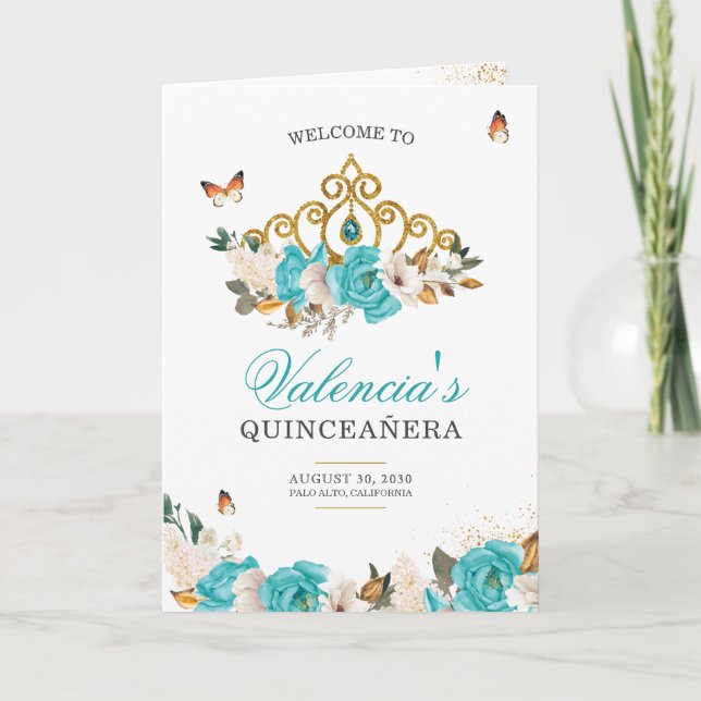 Programme Turquoise Rose Gold Tiara Butterfly Quinceanera (Devant)