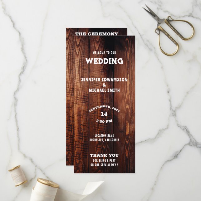 Programme Typographie en bois de grange rustique mariage rur (Devant/Arrière en situation)