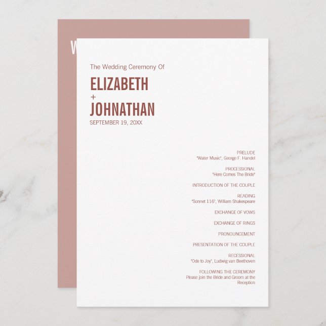 Programme Typographie simple Boho Dusty Rose Mariage (Devant / Derrière)